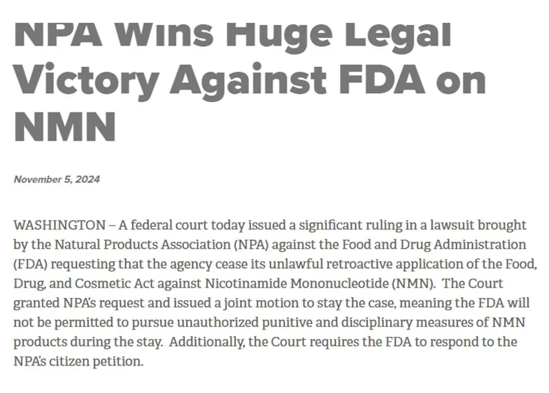 Federal Court Rules in Favor of NPA, Lifts Ban on NMN in the United States Federal Court Rules in Favor of NPA, Lifts Ban on NMN in the United States